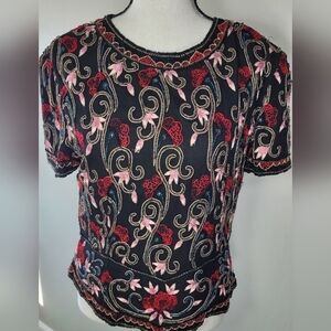 Papell Boutique Evening 100% Silk Beaded Top Medium Vintage